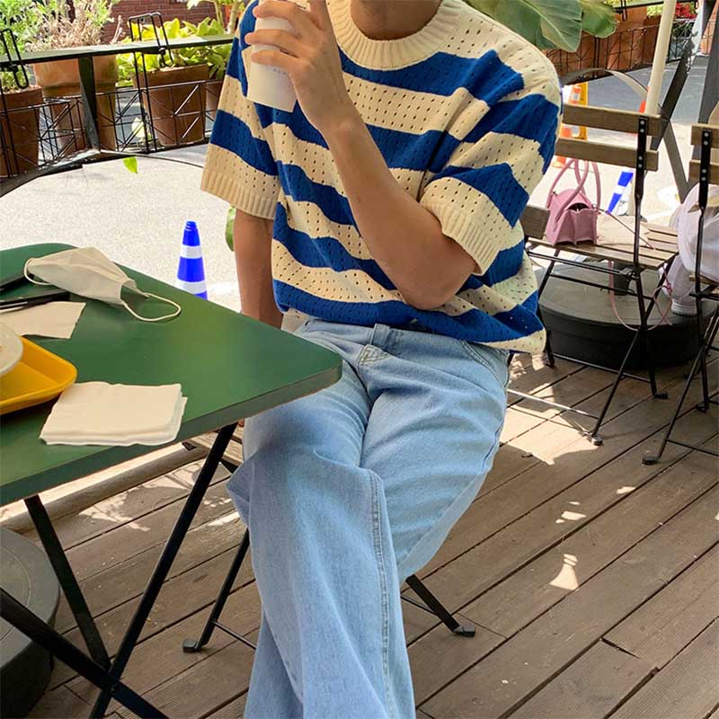 Round Neck Loose Striped Half-sleeve Knitted T-shirt