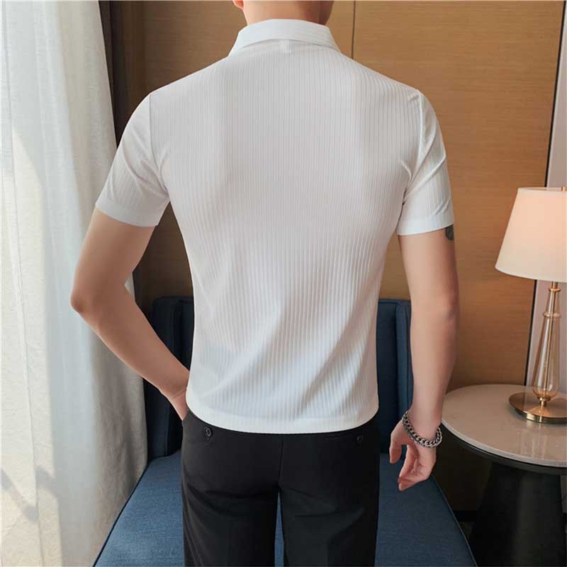 Polo Shirt Solid Color Striped Ice Silk Drape Lapel Half-sleeved Men's Summer Slim Business T-shirt