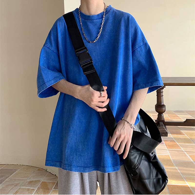 Men's Summer Loose Solid Color Neutral Style Retro All-match Round Neck Short Sleeves