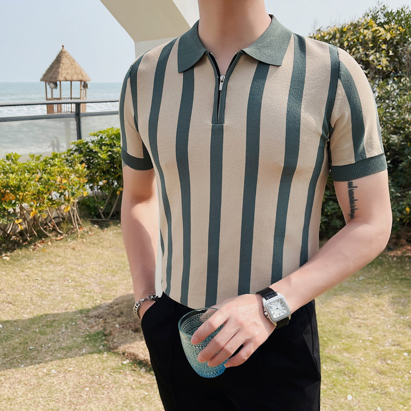 Men's British Business Contrast Stripe Zipper Slim Lapel Knit T-Shirt