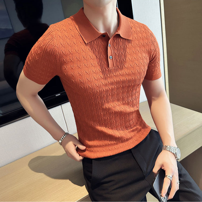 Men's Knitted Short-sleeved Polo Shirt Business Slim High-end Striped T-shirt