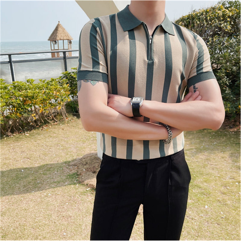 Men's British Business Contrast Stripe Zipper Slim Lapel Knit T-Shirt