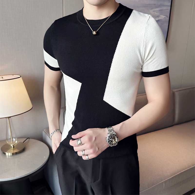 Men's British Business Slim Round Neck Color Matching Knit Half Sleeve T-Shirt