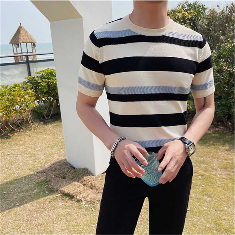 Men's Summer Slim Knit Contrast Stripe T-Shirt
