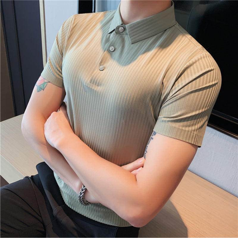 Polo Shirt Solid Color Striped Ice Silk Drape Lapel Half-sleeved Men's Summer Slim Business T-shirt