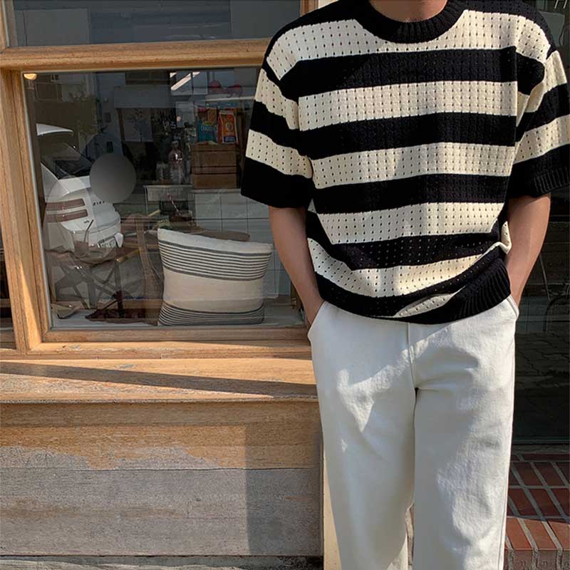 Round Neck Loose Striped Half-sleeve Knitted T-shirt