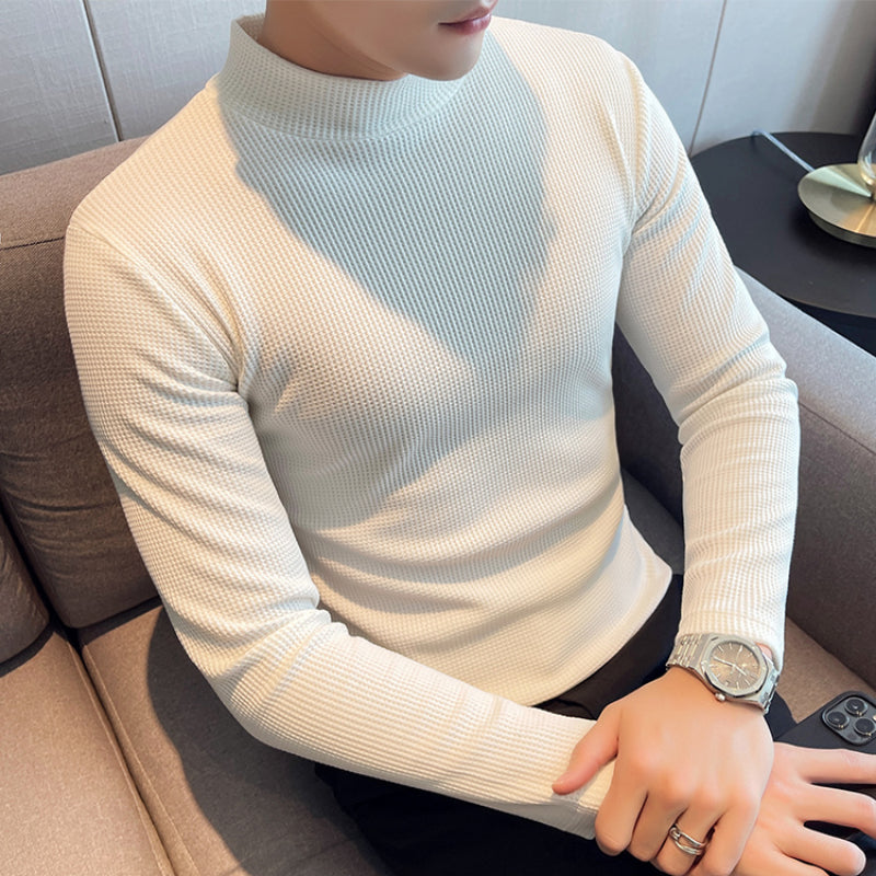 Men's Slim Fit Waffle Mock Neck Long Sleeve T-Shirt