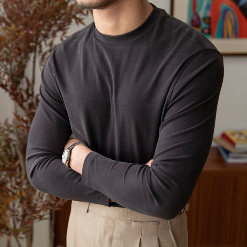 Men's Retro Casual Round Neck Long Sleeve Top, Vintage Style Basic Tee, Pullover Shirt