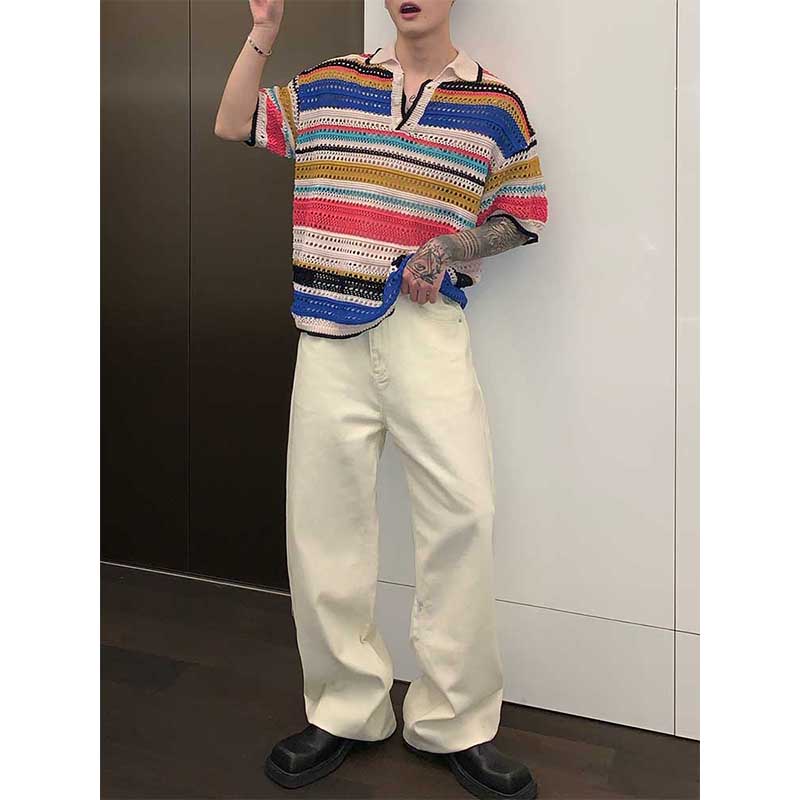 Multicolored Cutout Lapel Striped Polo T-Shirt