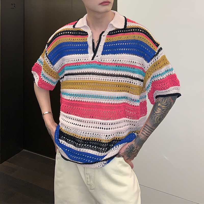 Multicolored Cutout Lapel Striped Polo T-Shirt