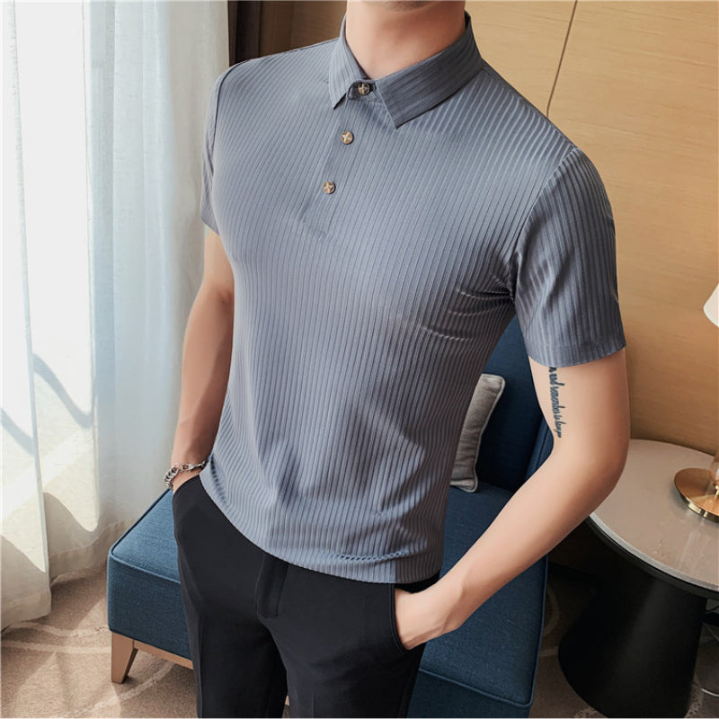 Polo Shirt Solid Color Striped Ice Silk Drape Lapel Half-sleeved Men's Summer Slim Business T-shirt