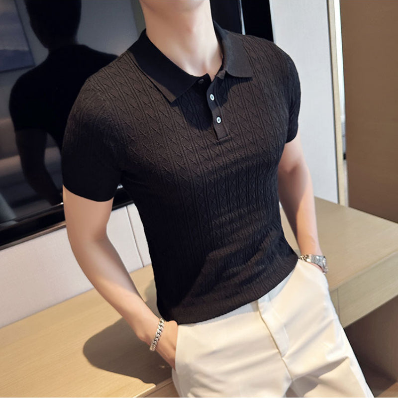Men's Knitted Short-sleeved Polo Shirt Business Slim High-end Striped T-shirt