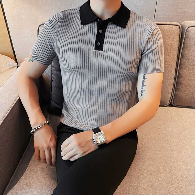 Men's Business Knitted Polo Collar Ice Silk Short-sleeved T-shirt