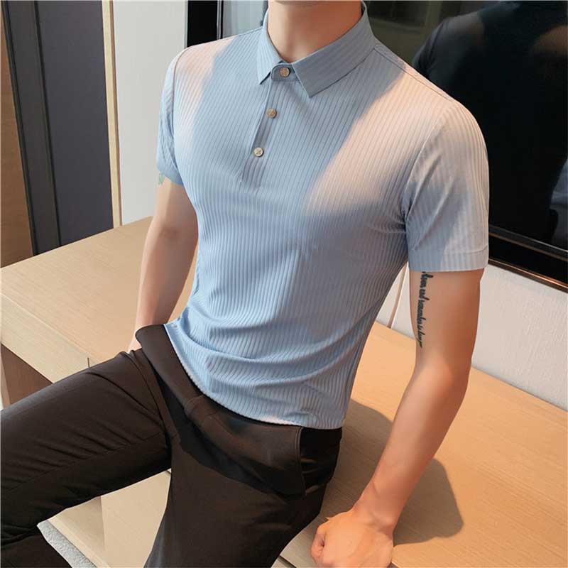 Polo Shirt Solid Color Striped Ice Silk Drape Lapel Half-sleeved Men's Summer Slim Business T-shirt