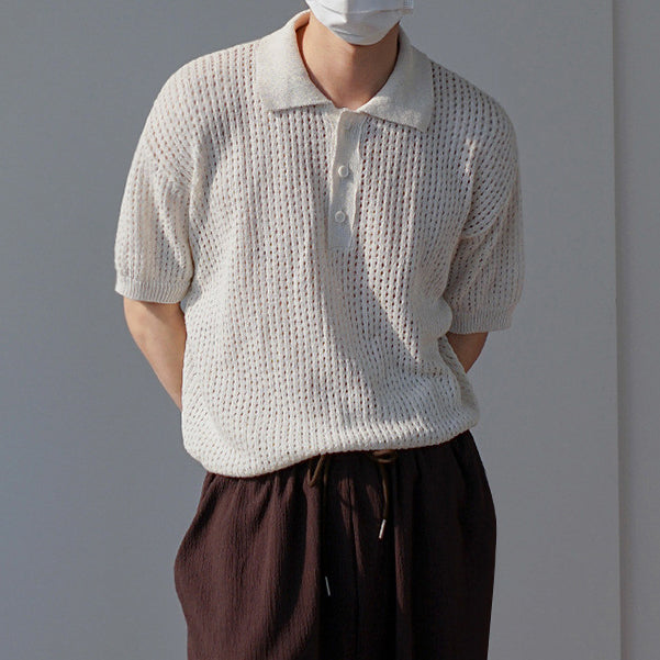 Men's Knit Short Sleeve Polo Shirt Vintage Solid T-Shirt