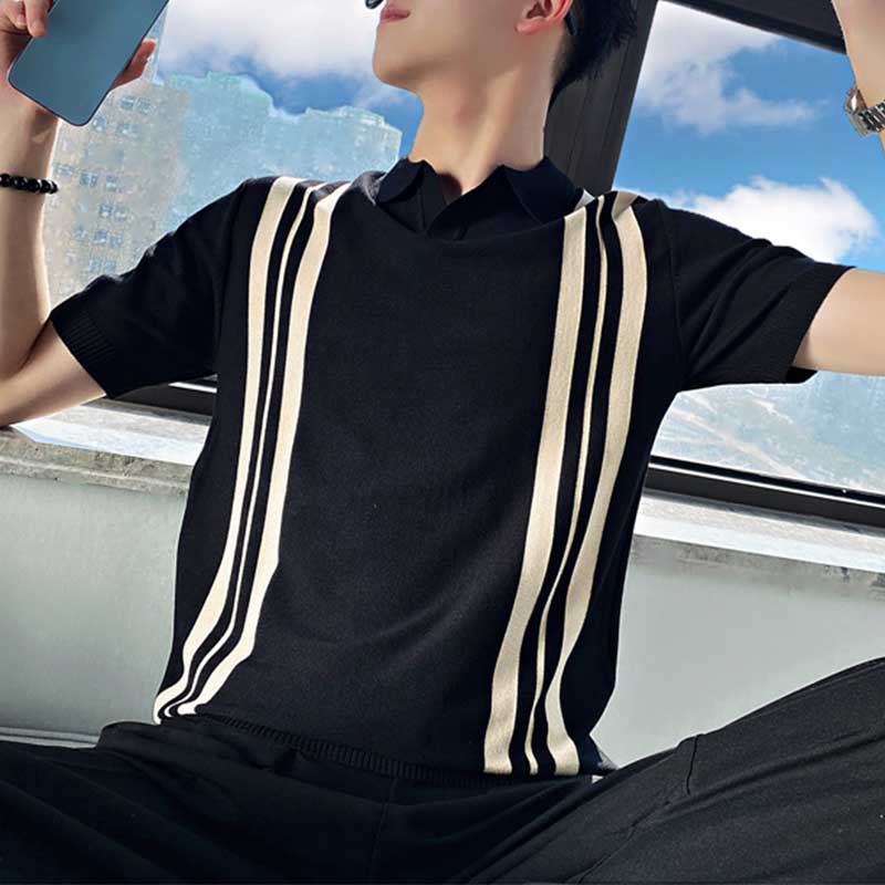 Men's Summer Striped Short Sleeve T-Shirt New Slim Fit Polo Shirt