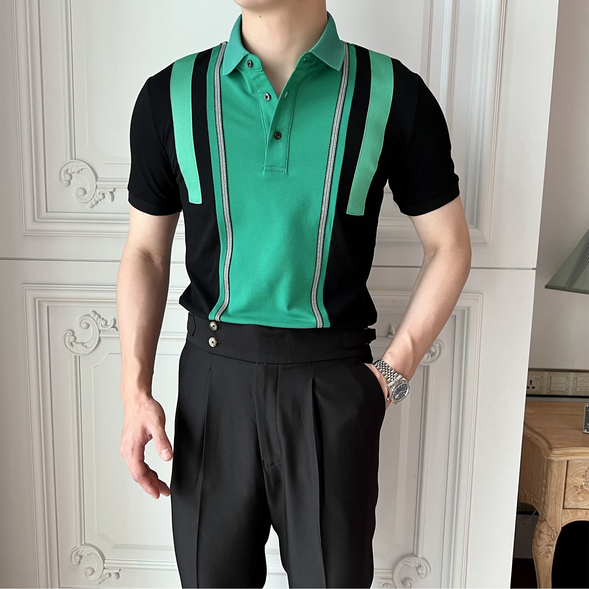 Men's British Casual POLO Stitching Lapel Slim Fit T-shirt