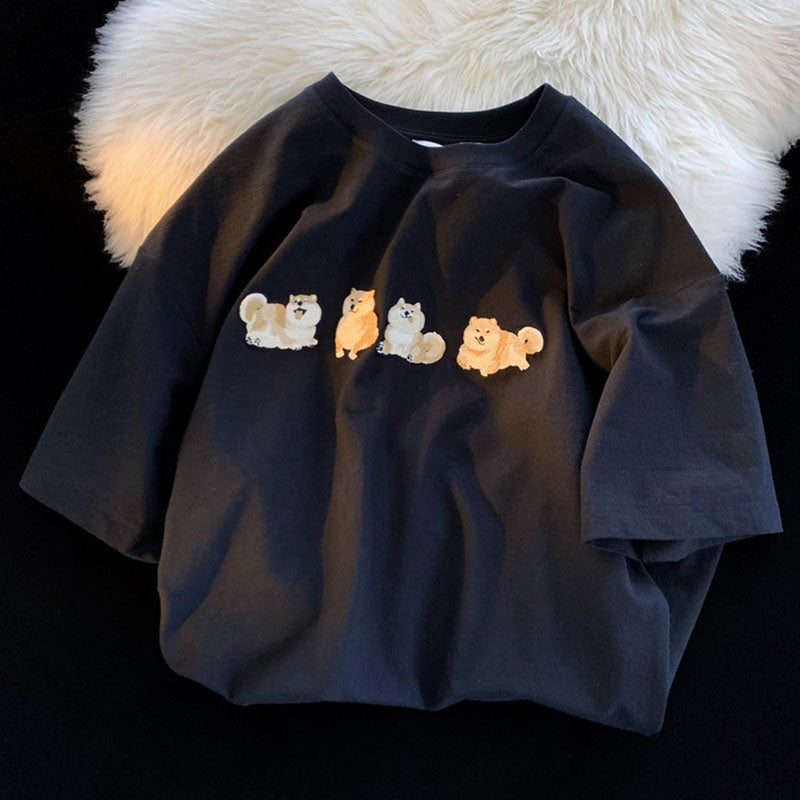 Japanese Vintage Dog Embroidery T-Shirt