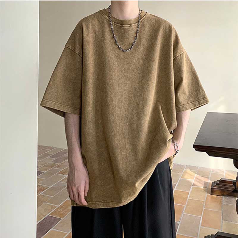 Men's Summer Loose Solid Color Neutral Style Retro All-match Round Neck Short Sleeves