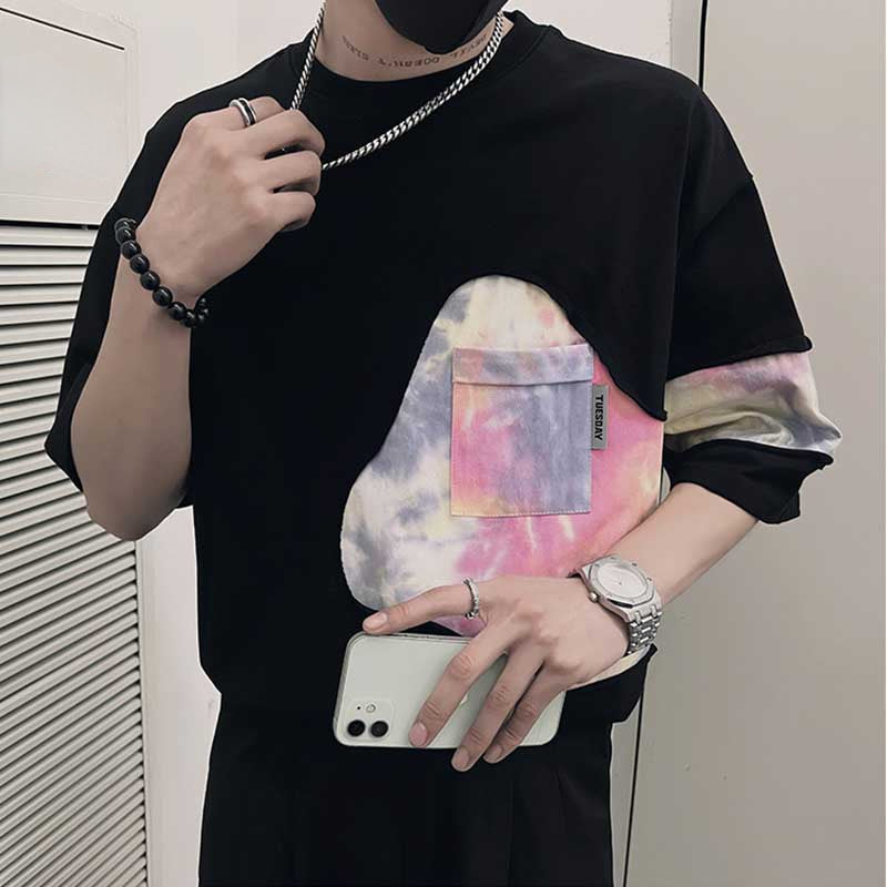 Men's Summer Round Neck Tie-dye Stitching Short-sleeved T-shirt