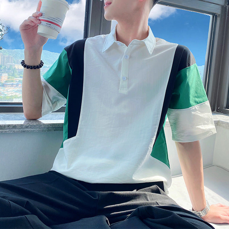 Men's Stitching Color Contrast Lapel Short Sleeve T-Shirt