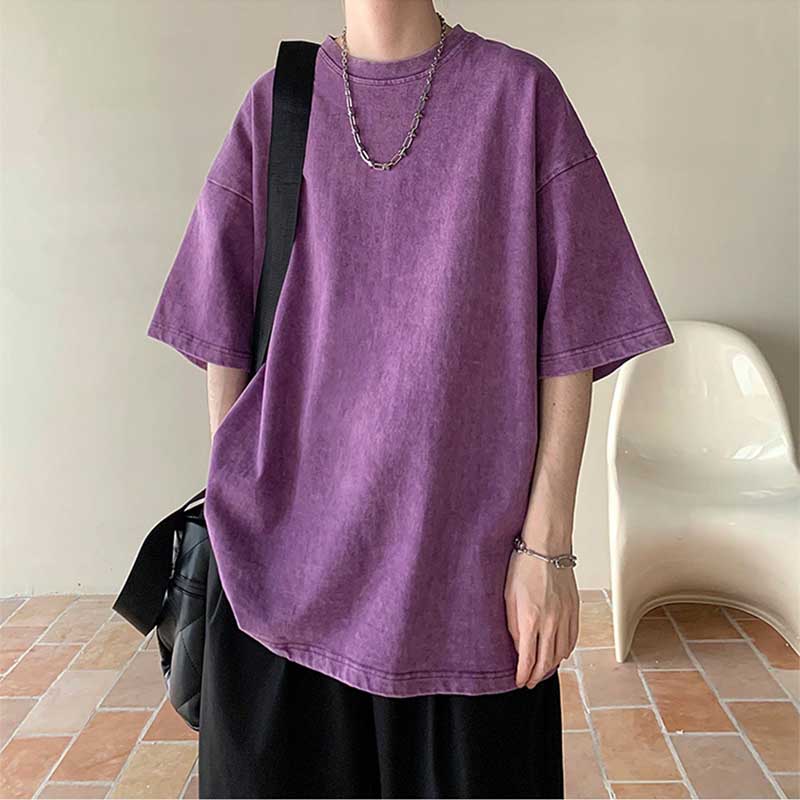 Men's Summer Loose Solid Color Neutral Style Retro All-match Round Neck Short Sleeves