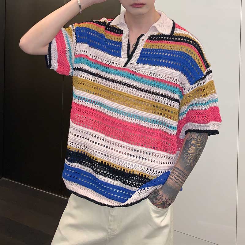 Multicolored Cutout Lapel Striped Polo T-Shirt