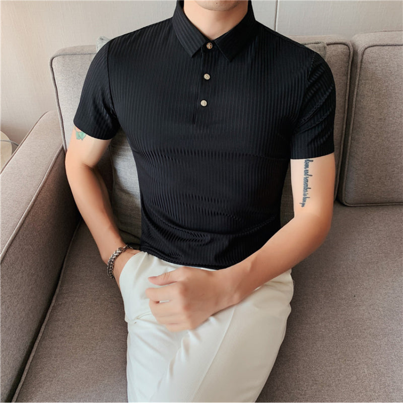 Polo Shirt Solid Color Striped Ice Silk Drape Lapel Half-sleeved Men's Summer Slim Business T-shirt