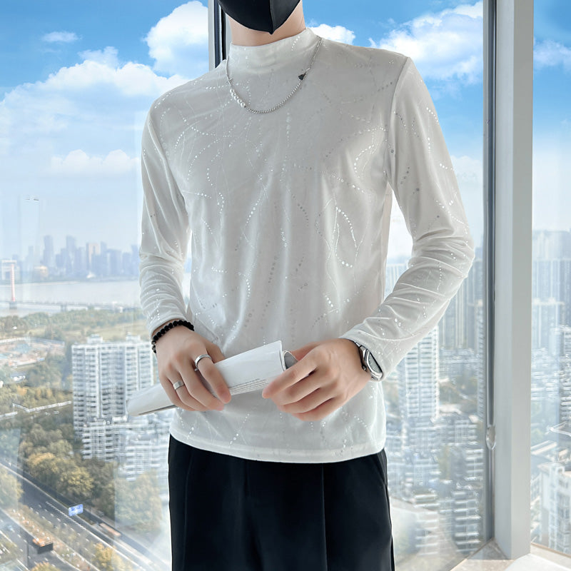 Men's Mock Neck Printed Sequin T-Shirt