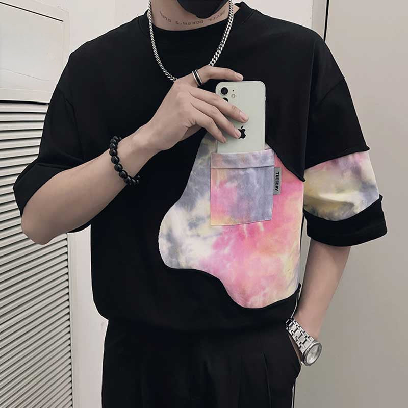 Men's Summer Round Neck Tie-dye Stitching Short-sleeved T-shirt