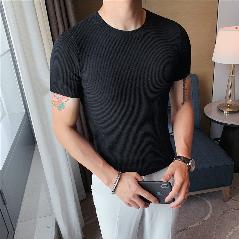 Men's Summer Slim Waffle Round Neck Solid Color T-Shirt