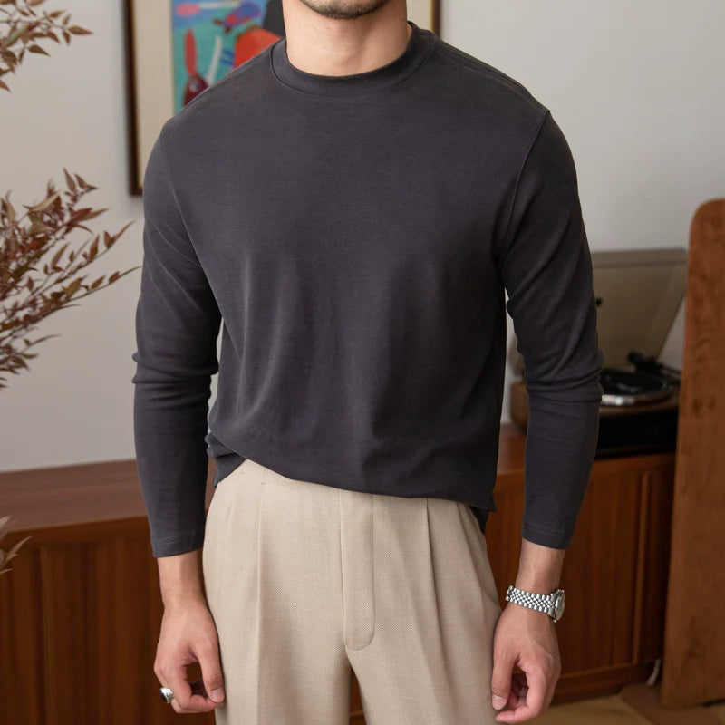 Men's Retro Casual Round Neck Long Sleeve Top, Vintage Style Basic Tee, Pullover Shirt