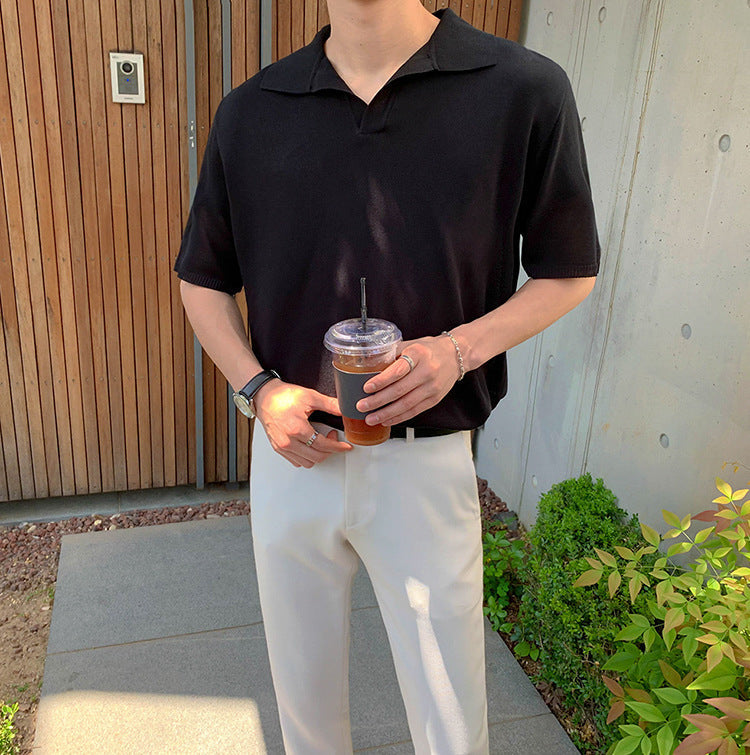 Solid Color Thin Knit Polo Shirt