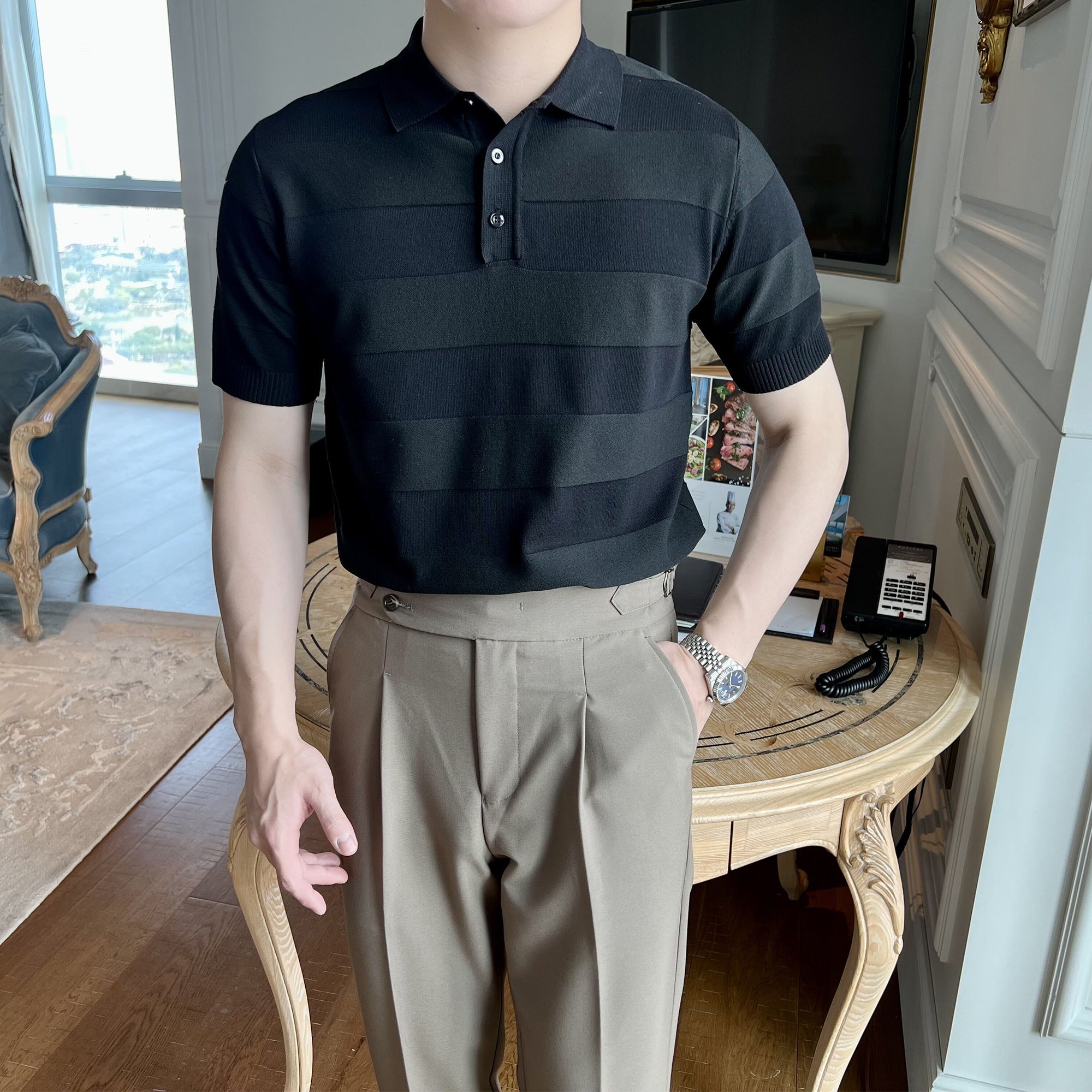Men's Retro Casual Lapel Breathable Slim Ice Silk Knitted POLOT Shirt