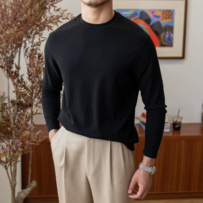 Men's Retro Casual Round Neck Long Sleeve Top, Vintage Style Basic Tee, Pullover Shirt