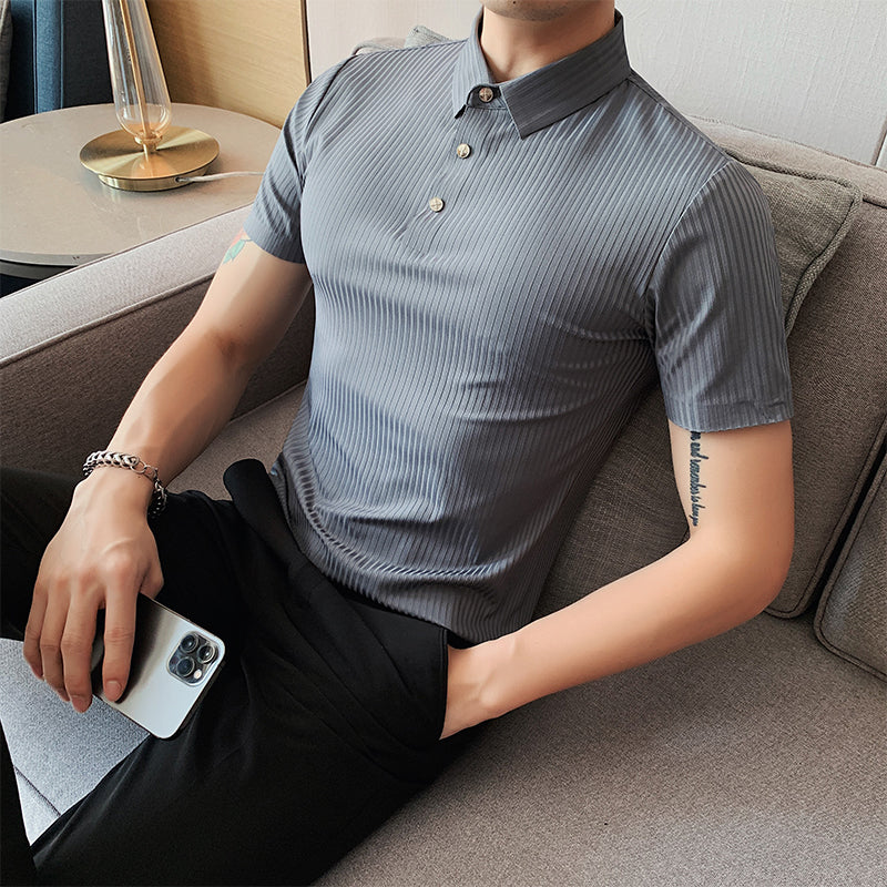 Polo Shirt Solid Color Striped Ice Silk Drape Lapel Half-sleeved Men's Summer Slim Business T-shirt
