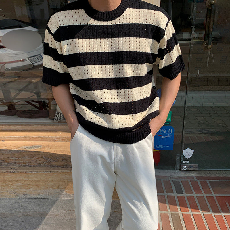 Round Neck Loose Striped Half-sleeve Knitted T-shirt