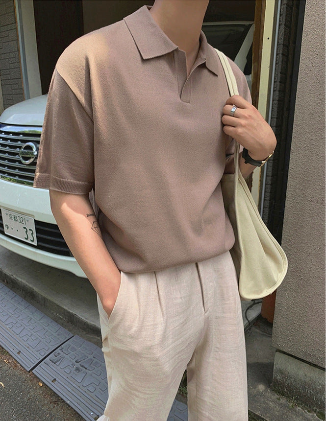 Solid Color Thin Knit Polo Shirt