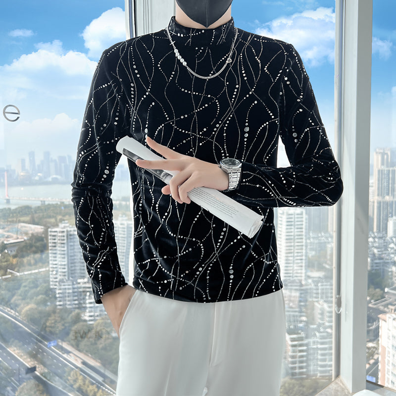 Men's Mock Neck Printed Sequin T-Shirt