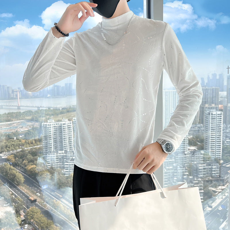 Men's Mock Neck Printed Sequin T-Shirt