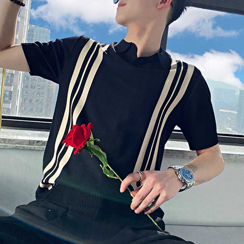 Men's Summer Striped Short Sleeve T-Shirt New Slim Fit Polo Shirt