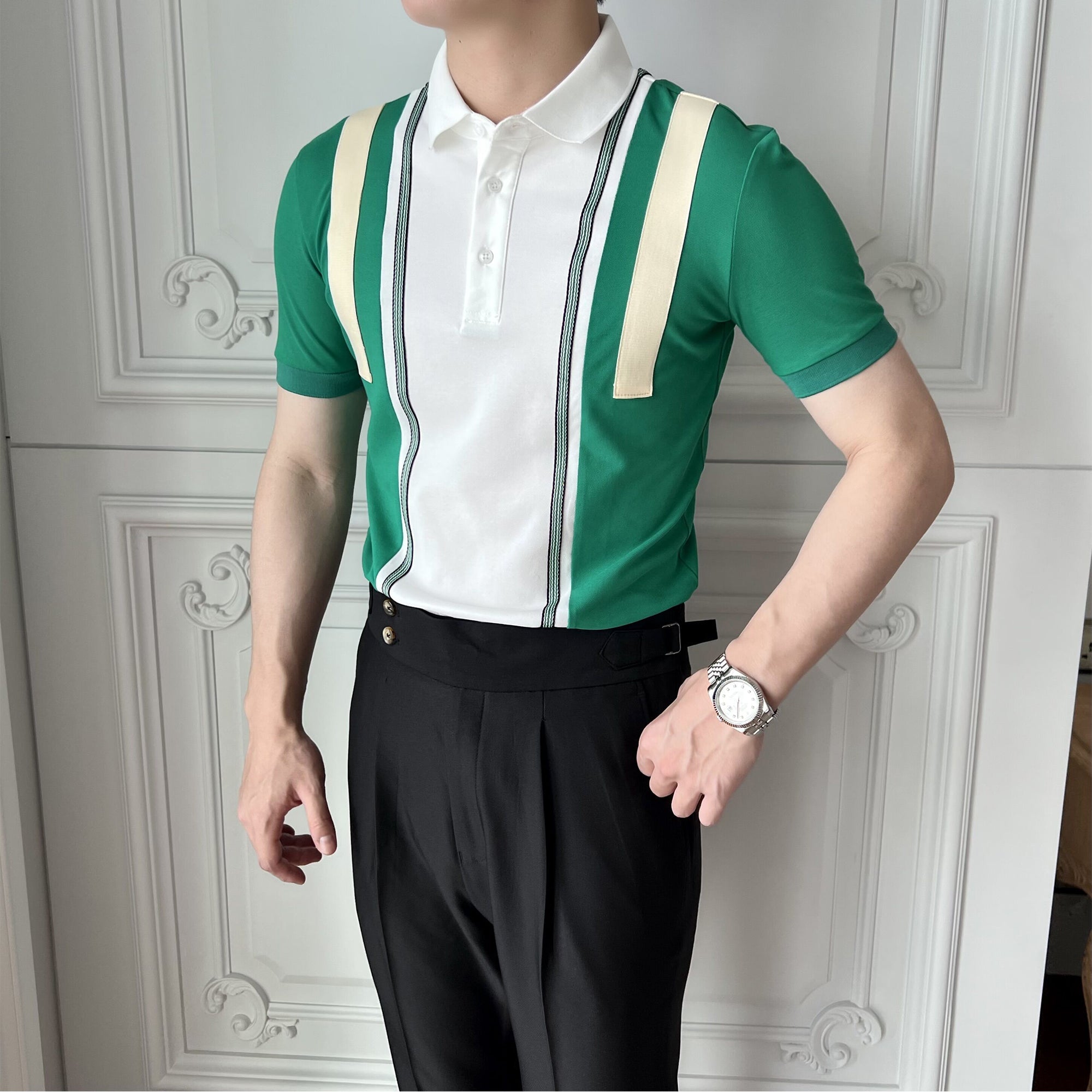 Men's British Casual POLO Stitching Lapel Slim Fit T-shirt