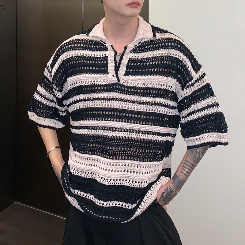 Multicolored Cutout Lapel Striped Polo T-Shirt