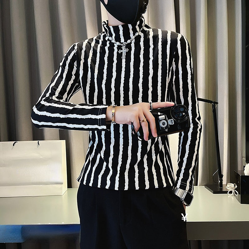Men's Half Turtleneck Long-sleeved Striped Bottoming T-shirt