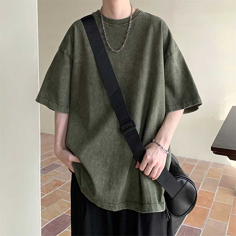 Men's Summer Loose Solid Color Neutral Style Retro All-match Round Neck Short Sleeves