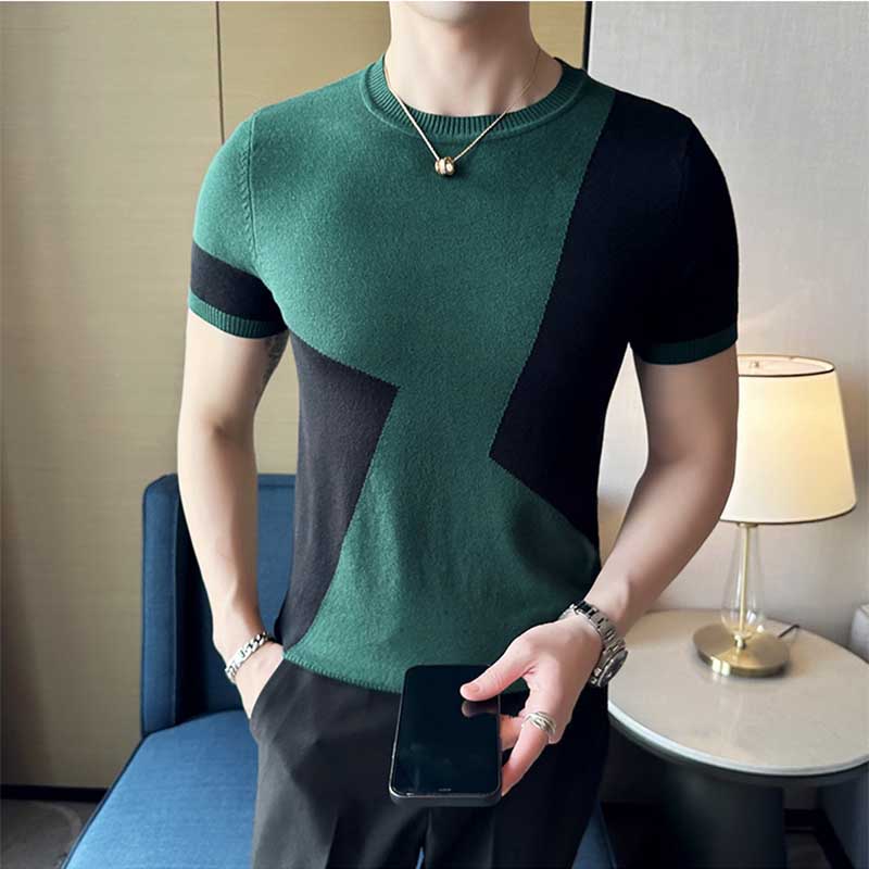 Men's British Business Slim Round Neck Color Matching Knit Half Sleeve T-Shirt