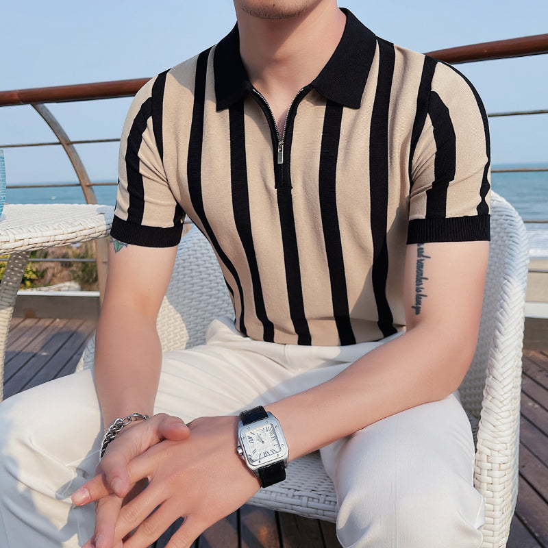 Men's British Business Contrast Stripe Zipper Slim Lapel Knit T-Shirt