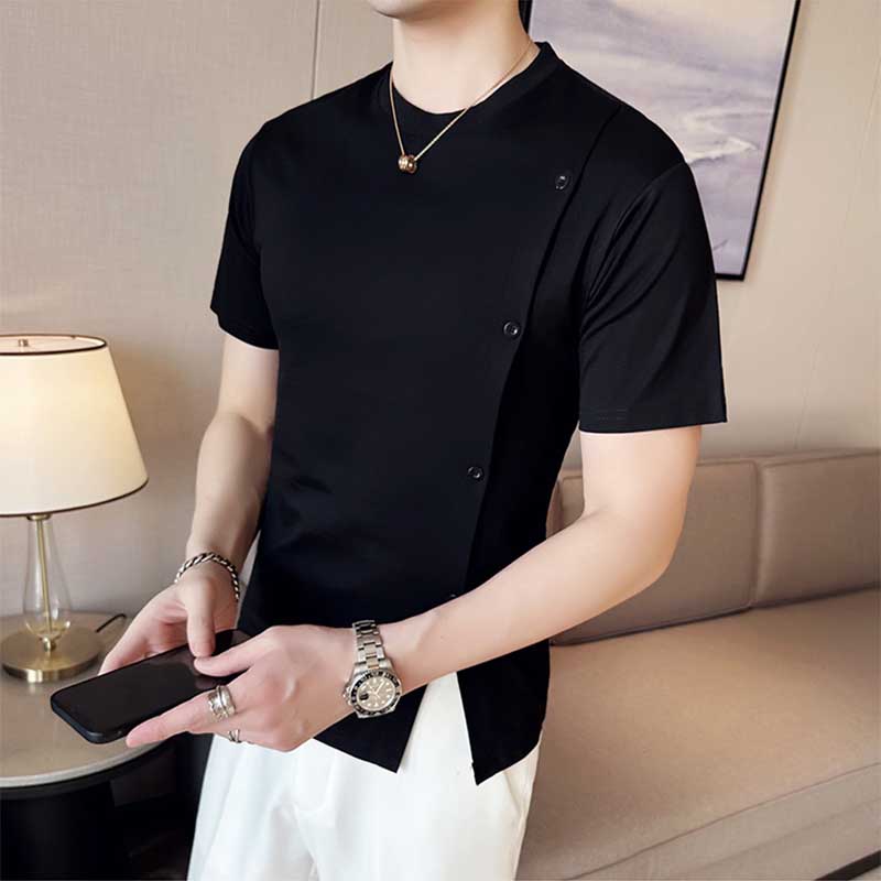 Men's Casual Business Slim Slit Round Neck Short Sleeve T-Shirt