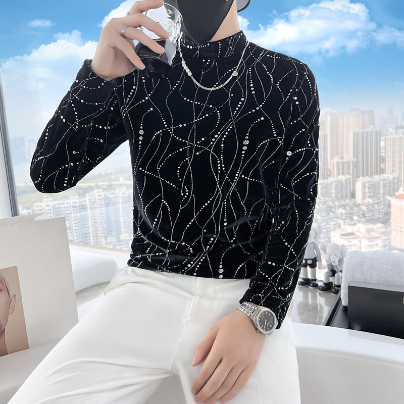 Men's Mock Neck Printed Sequin T-Shirt